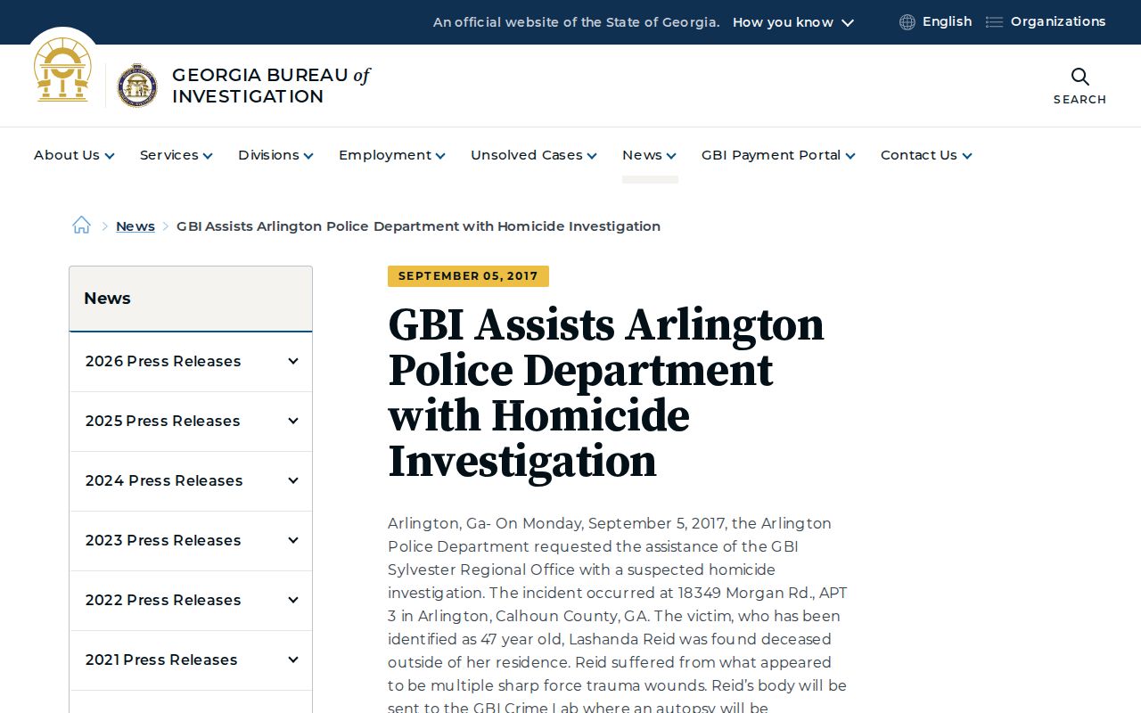 Screenshot of an official Georgia Bureau of Investigation release about Arlington Police Department and a Calhoun County booking