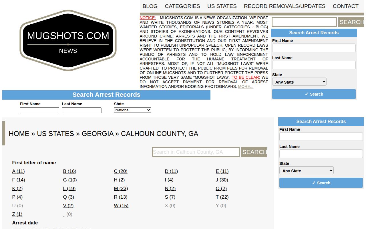 Unofficial stale Mugshots.com Calhoun County archive context