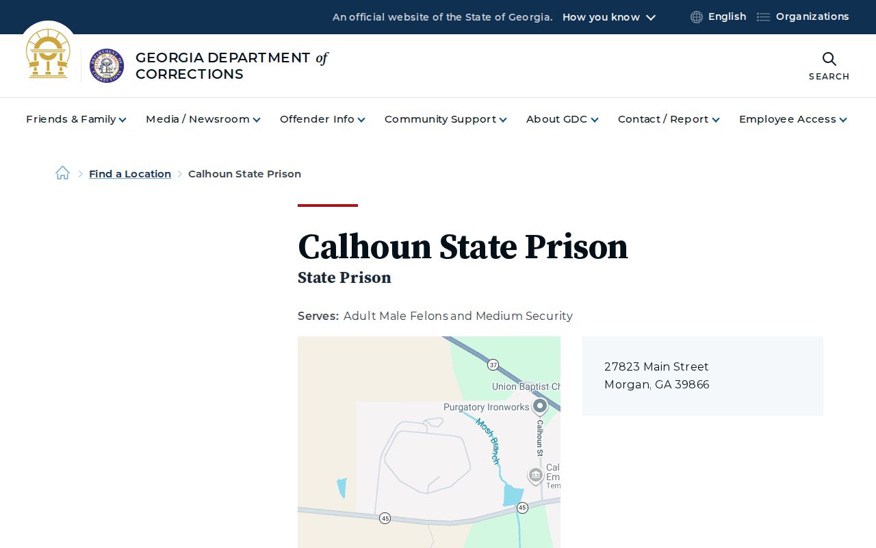 Calhoun State Prison state-custody facility record, separate from the county jail