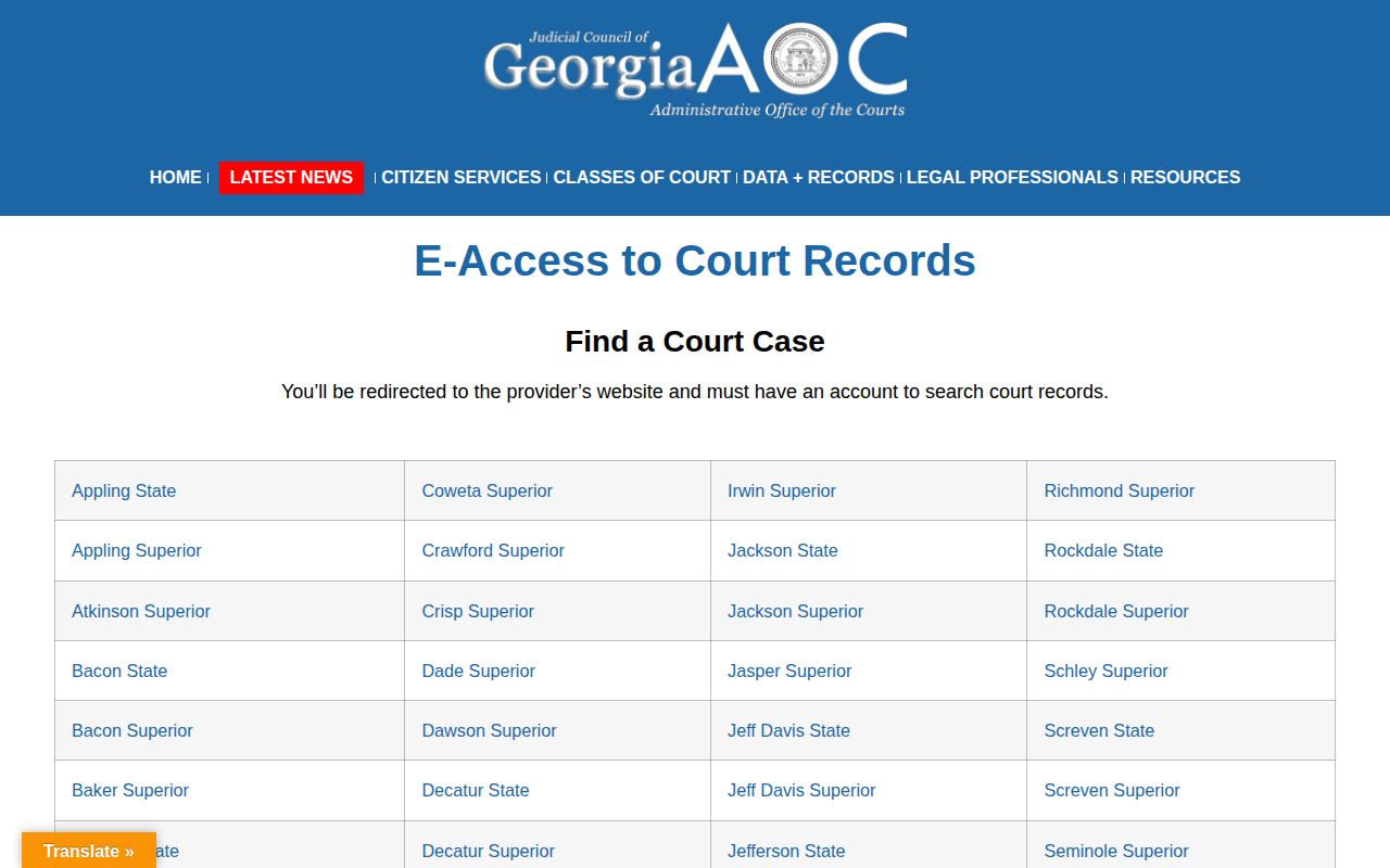 Georgia Courts e-access directory for Calhoun County case and disposition records