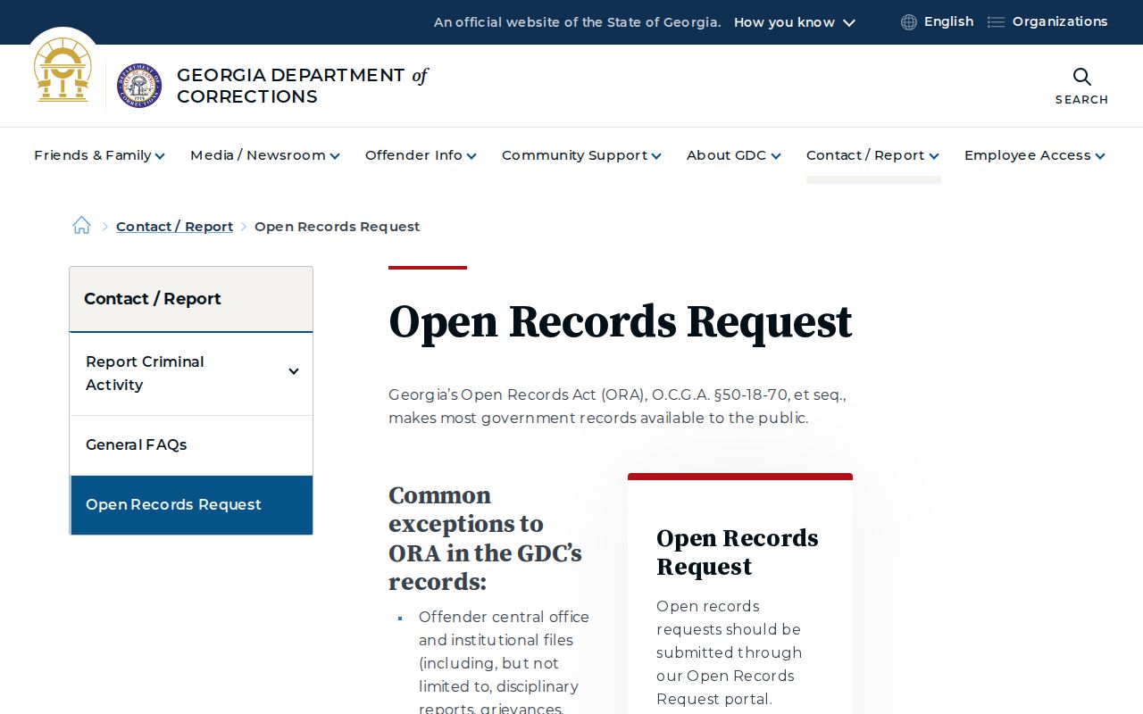 Georgia Department of Corrections records request page for Calhoun County record access