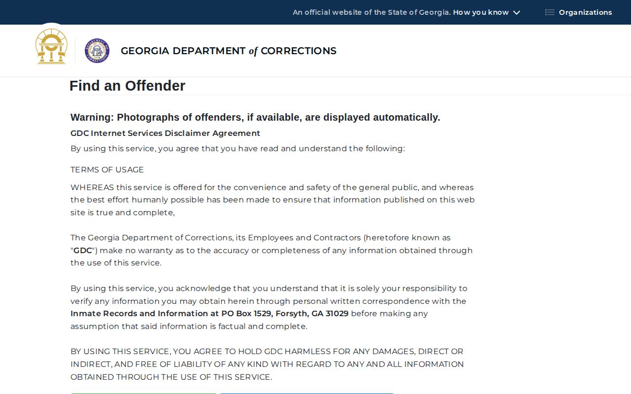 Georgia Department of Corrections offender search fields for sentenced record access
